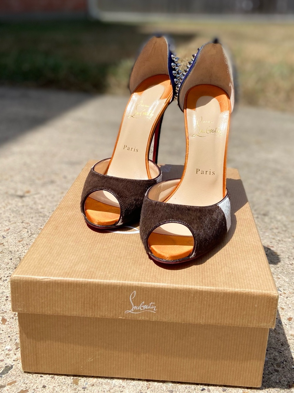 Christian Louboutin Brown Suede Open-Toe Heels with Studded Back